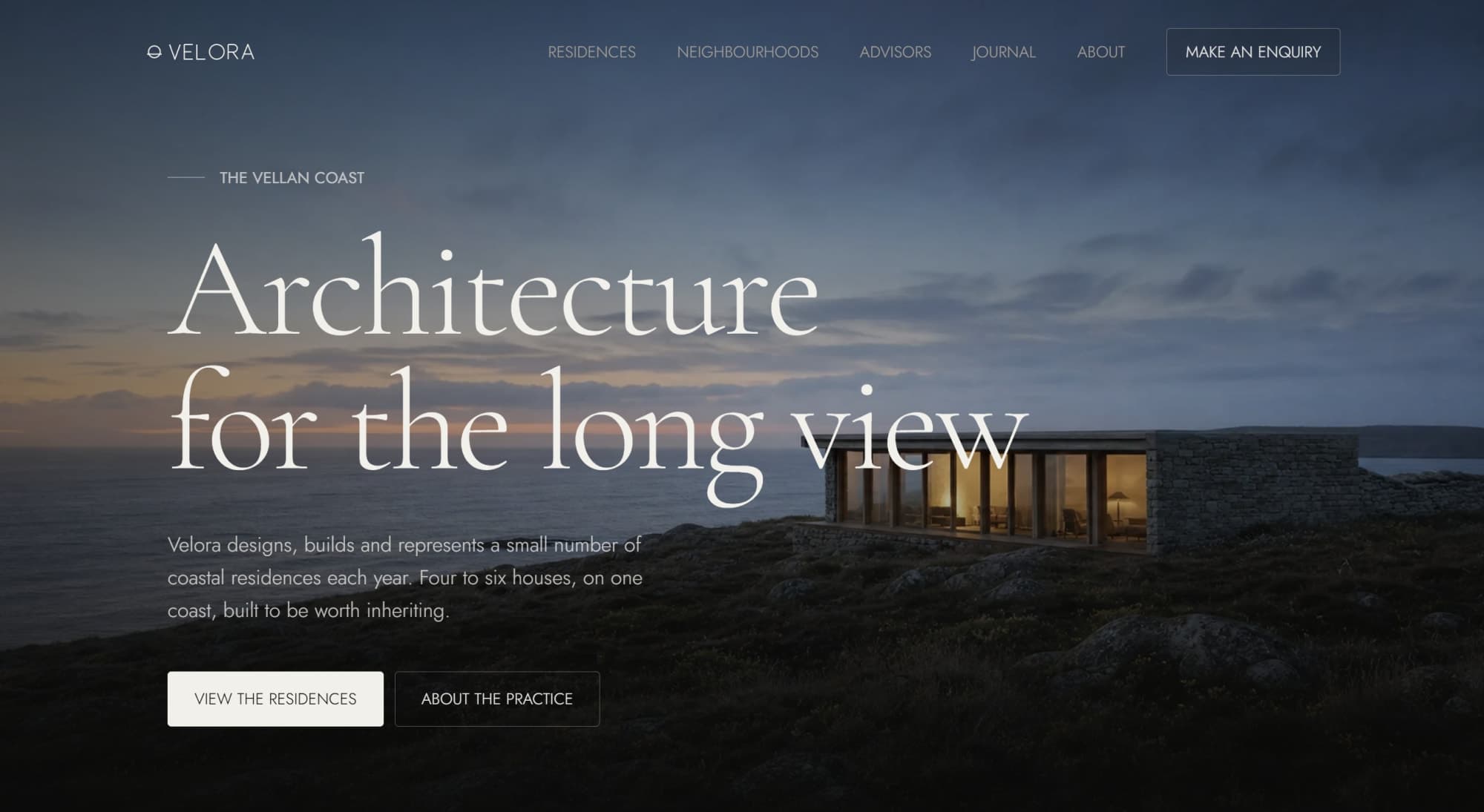 Homepage hero section demonstrating the cinematic editorial style.