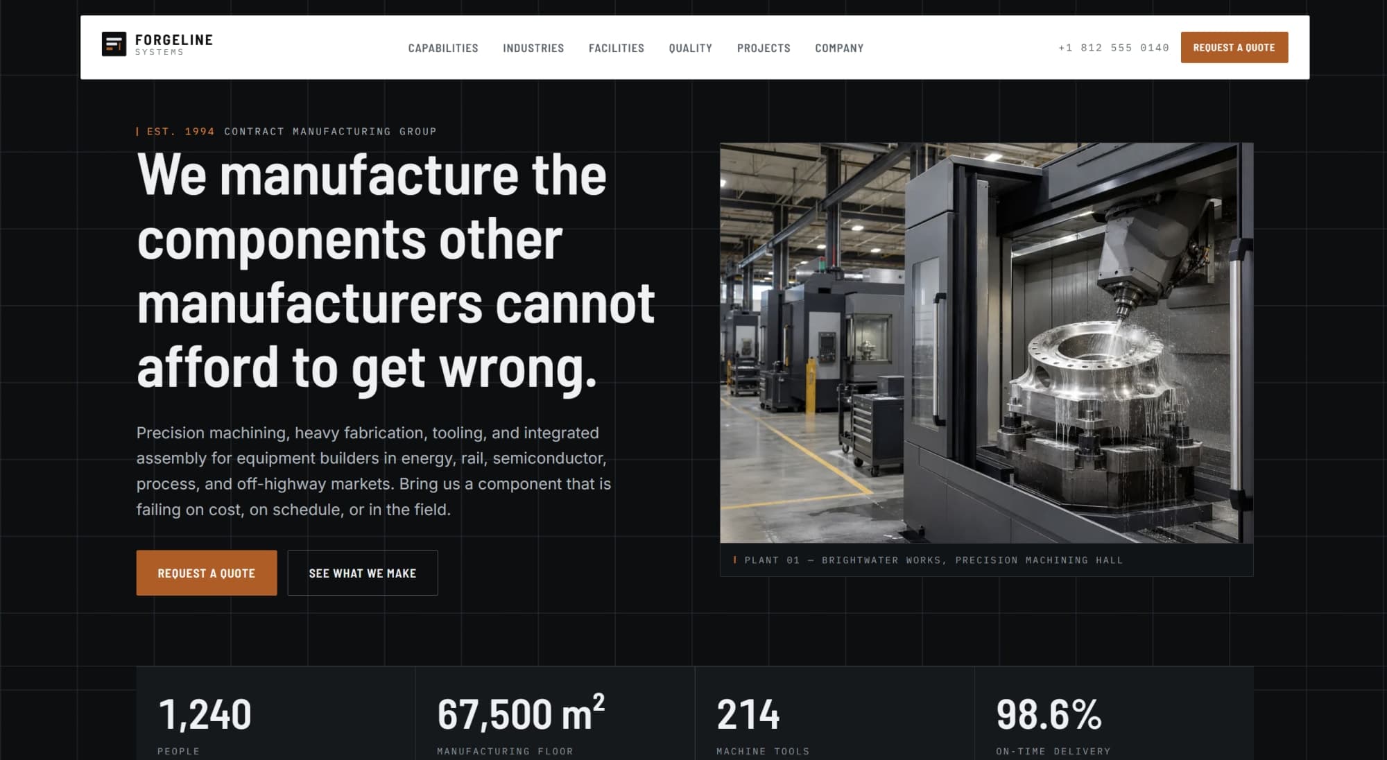 Homepage hero section demonstrating the industrial visual language