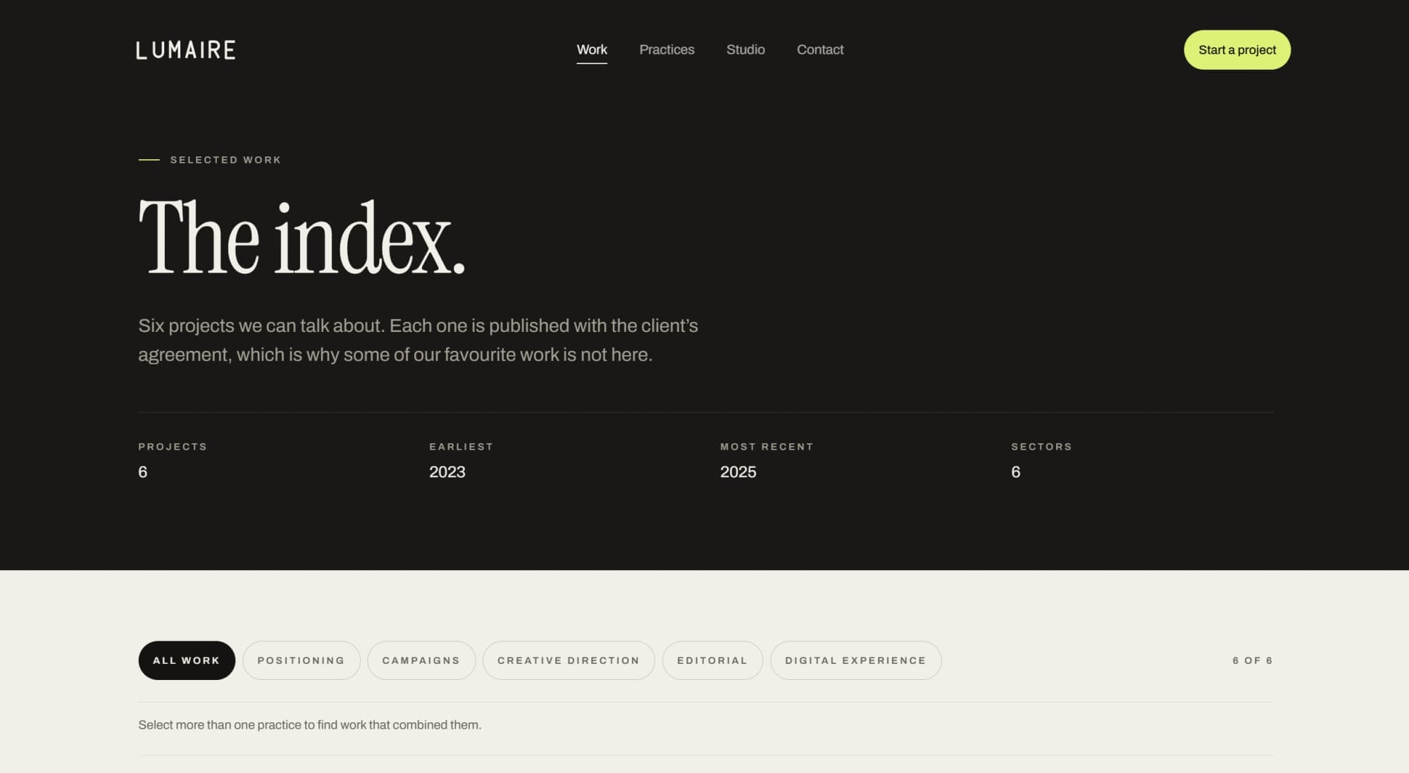 Work Index page